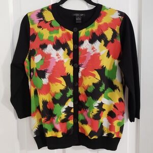 August‎ Silk Womens Cardigan Sweater MEDIUM Artsy Silk Blend Abstract Colorful